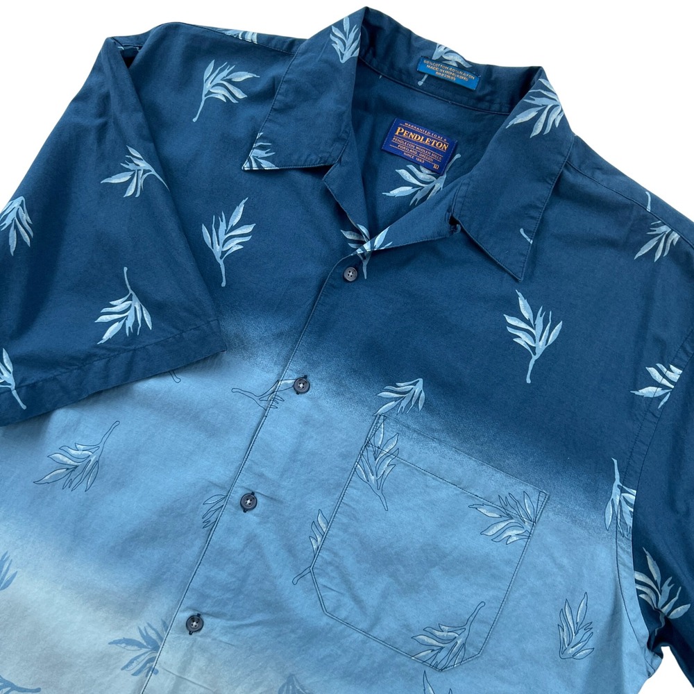 Pendleton‎ Blue Ombre Floral Cotton Rayon Camp Shirt Mens Large Loop Collar